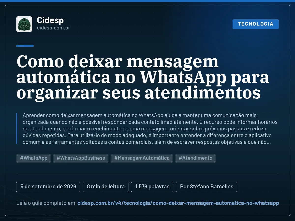 Cartão do artigo “Como deixar mensagem automática no WhatsApp para organizar seus atendimentos”, com resumo, data de publicação e endereço da página.