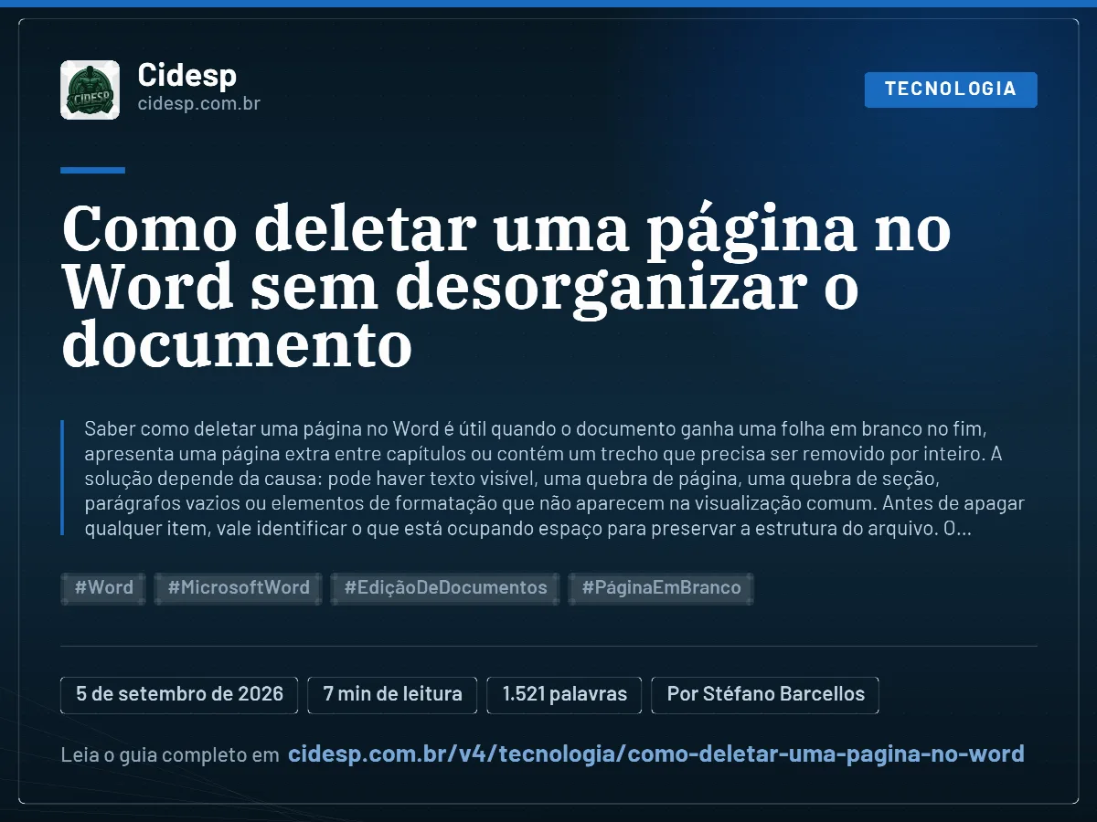 Cartão do artigo “Como deletar uma página no Word sem desorganizar o documento”, com resumo, data de publicação e endereço da página.