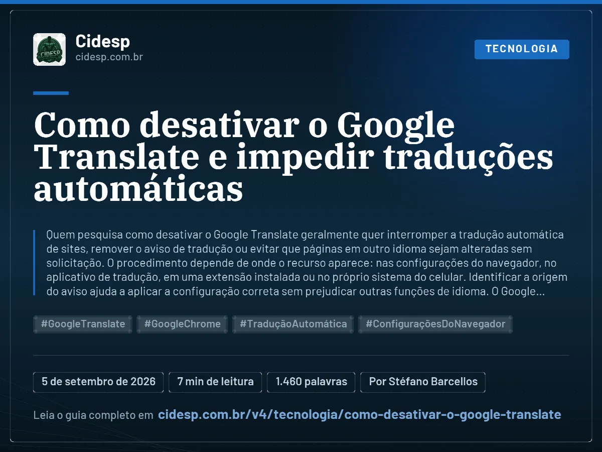 Cartão do artigo “Como desativar o Google Translate e impedir traduções automáticas”, com resumo, data de publicação e endereço da página.