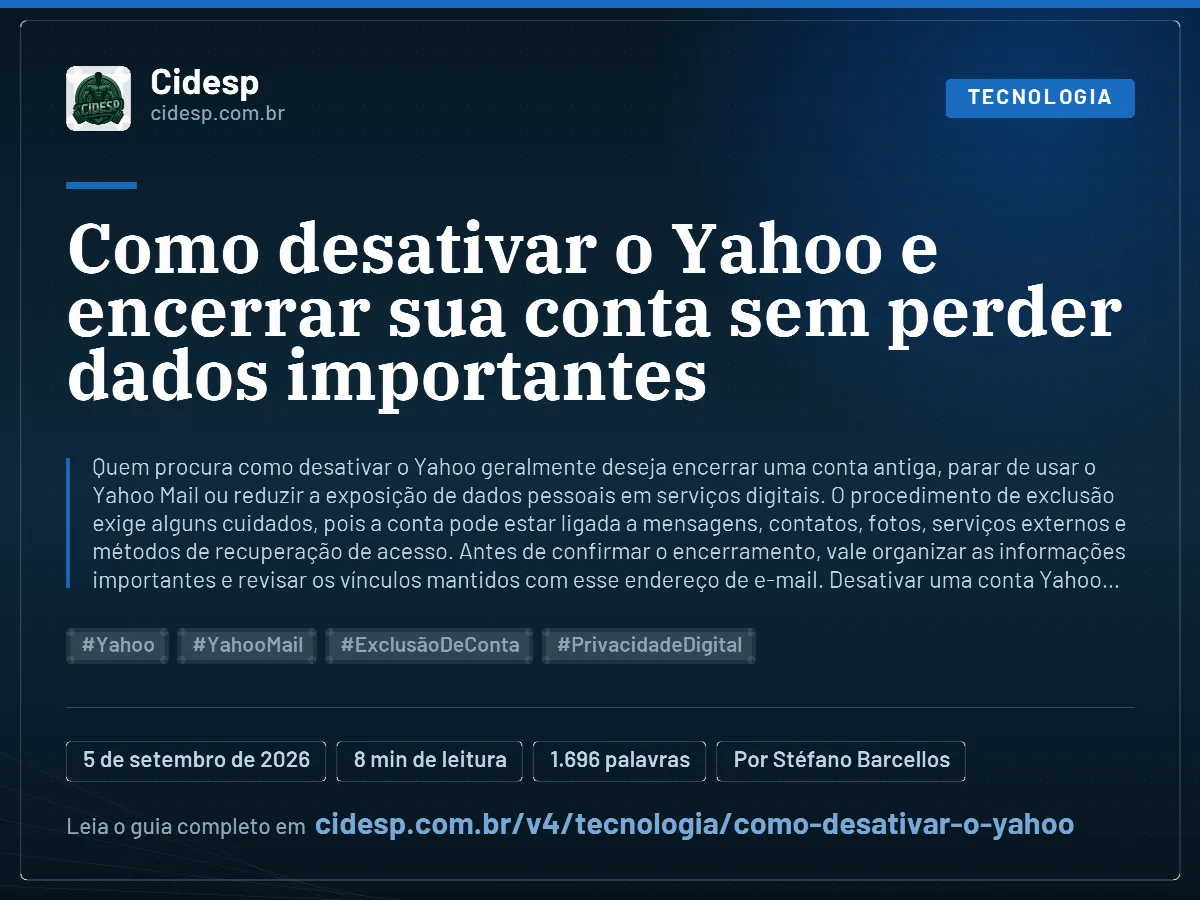 Cartão do artigo “Como desativar o Yahoo e encerrar sua conta sem perder dados importantes”, com resumo, data de publicação e endereço da página.