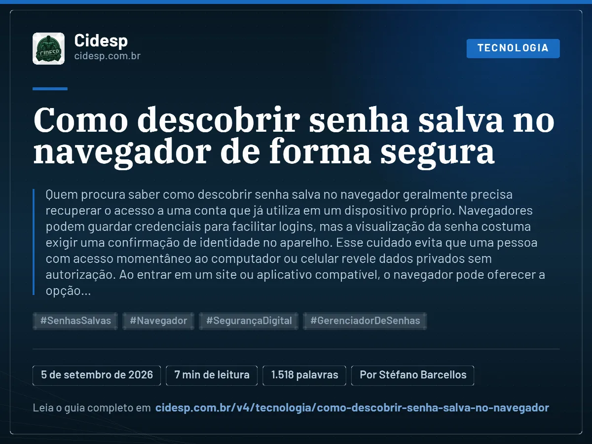 Cartão do artigo “Como descobrir senha salva no navegador de forma segura”, com resumo, data de publicação e endereço da página.