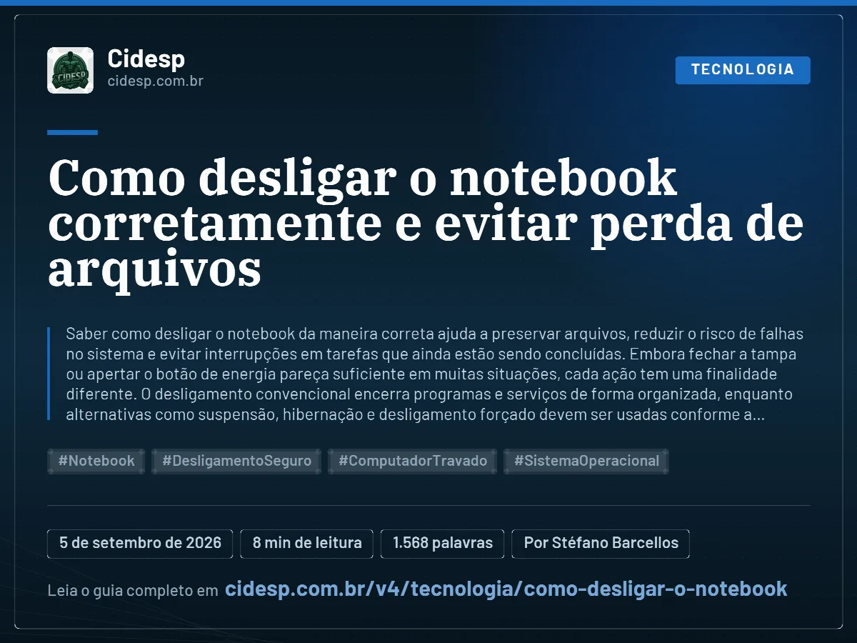 Cartão do artigo “Como desligar o notebook corretamente e evitar perda de arquivos”, com resumo, data de publicação e endereço da página.