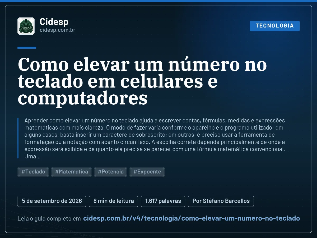 Cartão do artigo “Como elevar um número no teclado em celulares e computadores”, com resumo, data de publicação e endereço da página.