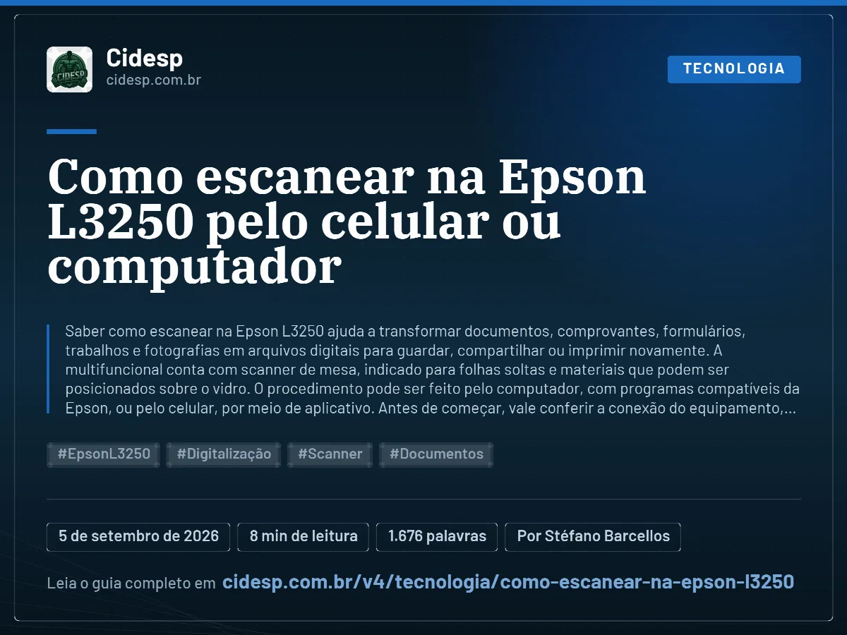 Cartão do artigo “Como escanear na Epson L3250 pelo celular ou computador”, com resumo, data de publicação e endereço da página.