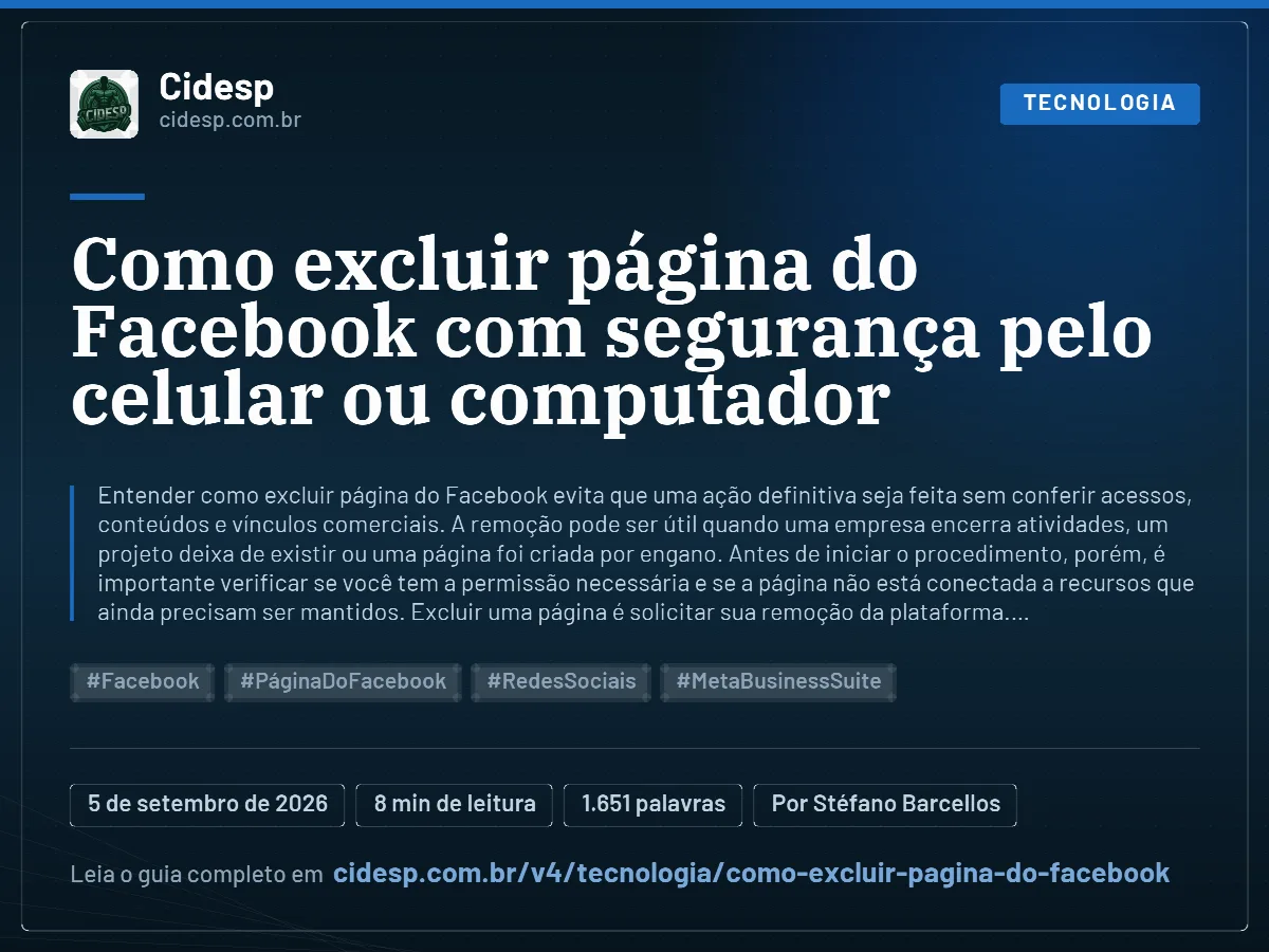 Cartão do artigo “Como excluir página do Facebook com segurança pelo celular ou computador”, com resumo, data de publicação e endereço da página.