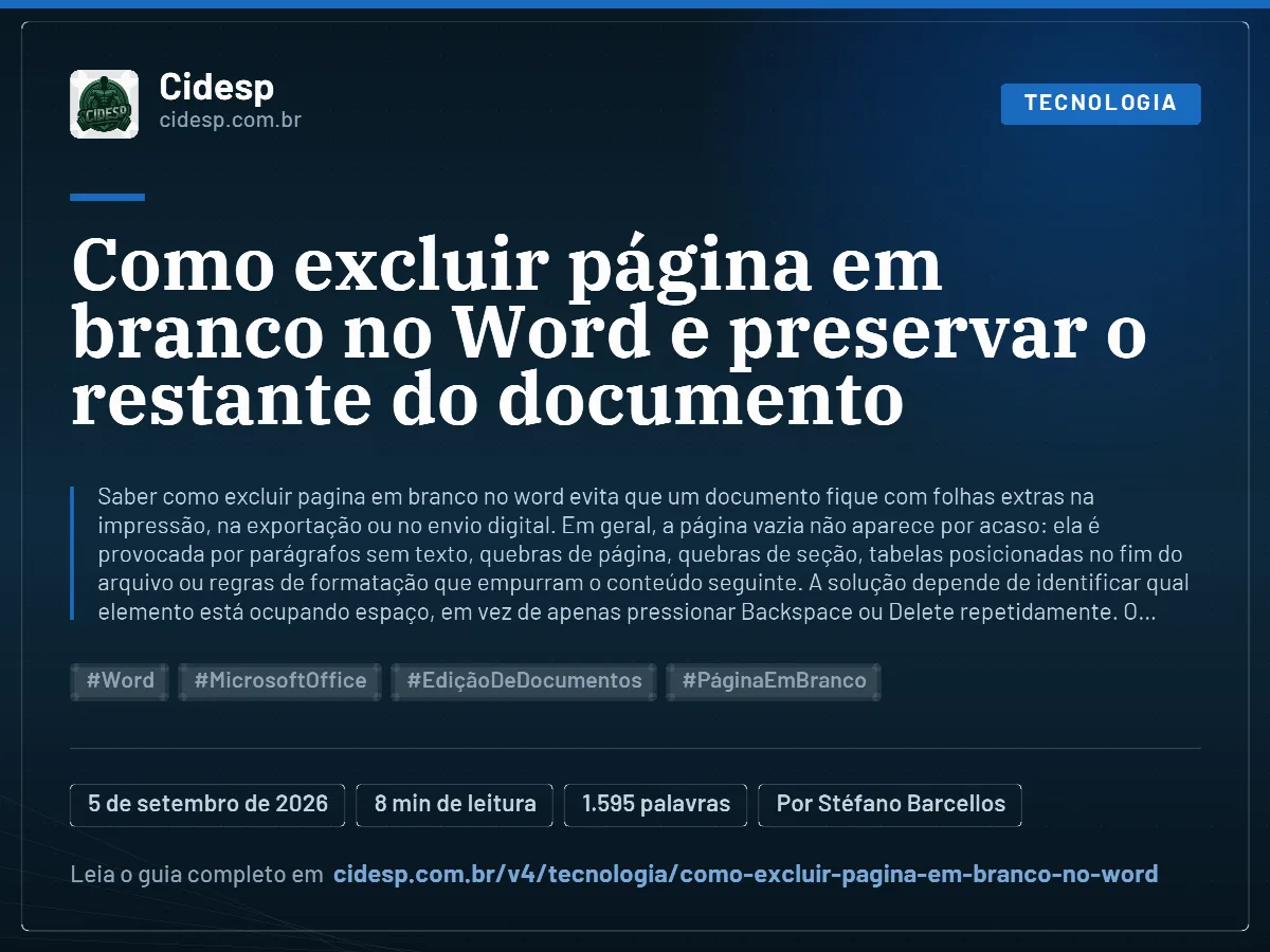 Cartão do artigo “Como excluir página em branco no Word e preservar o restante do documento”, com resumo, data de publicação e endereço da página.