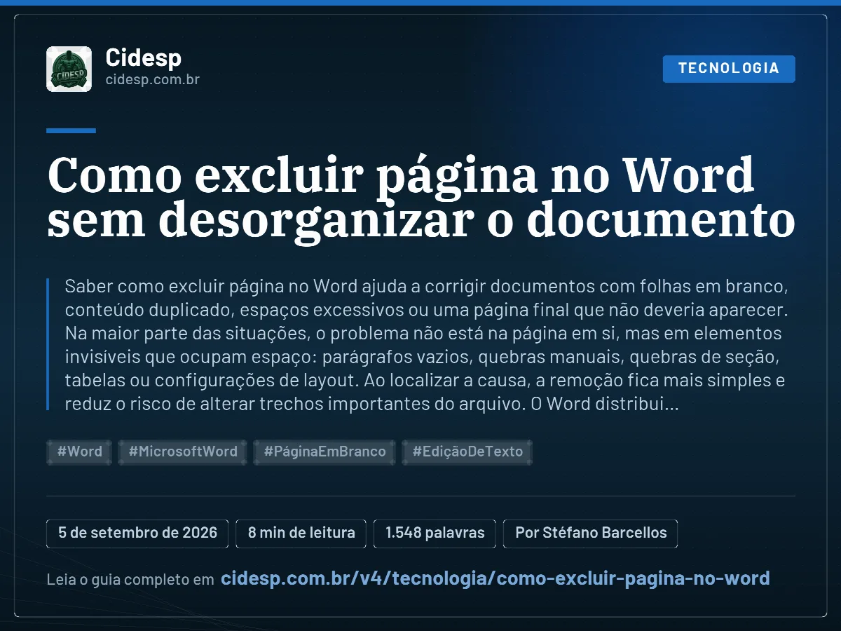 Cartão do artigo “Como excluir página no Word sem desorganizar o documento”, com resumo, data de publicação e endereço da página.