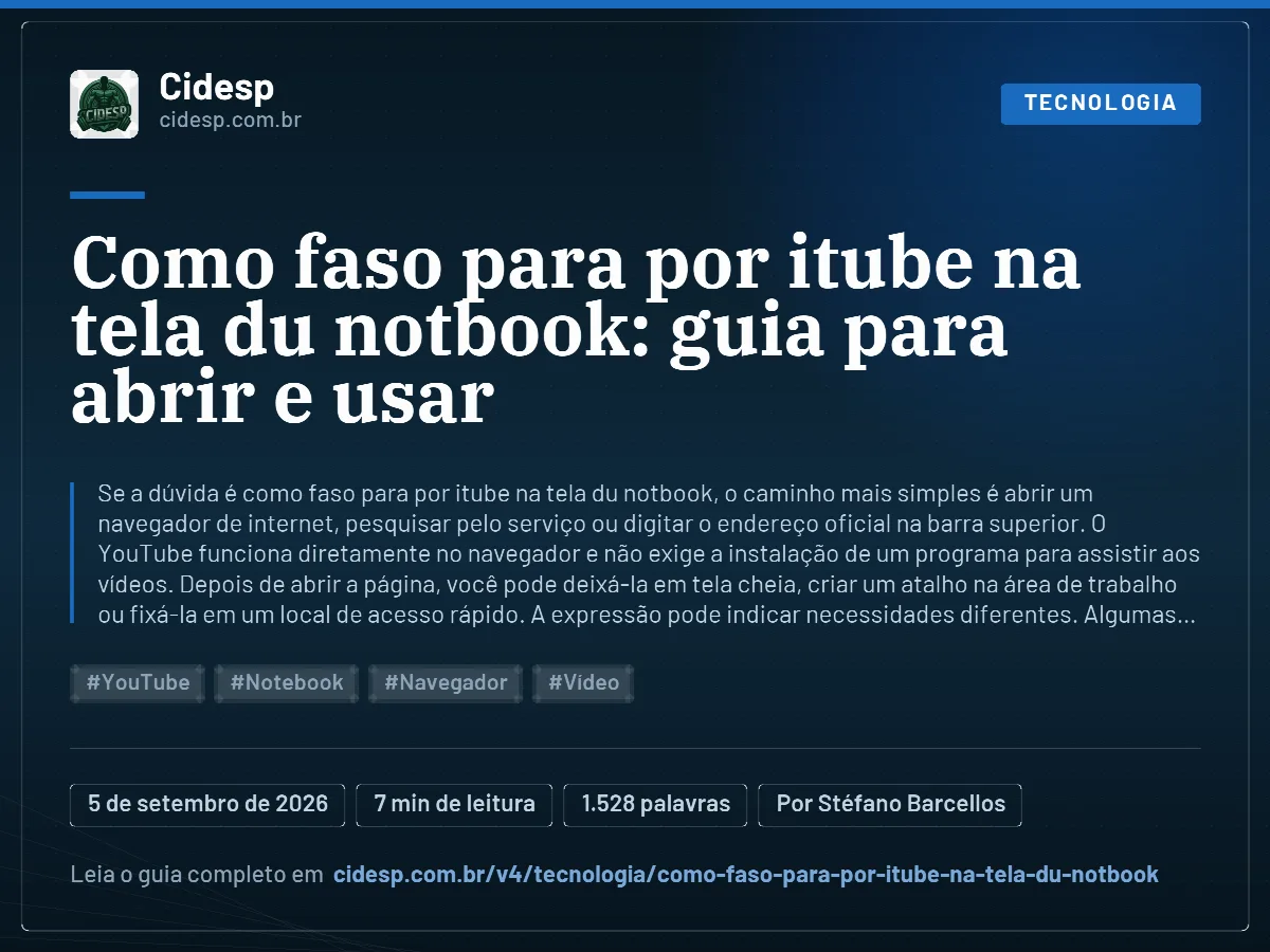 Cartão do artigo “Como faso para por itube na tela du notbook: guia para abrir e usar”, com resumo, data de publicação e endereço da página.