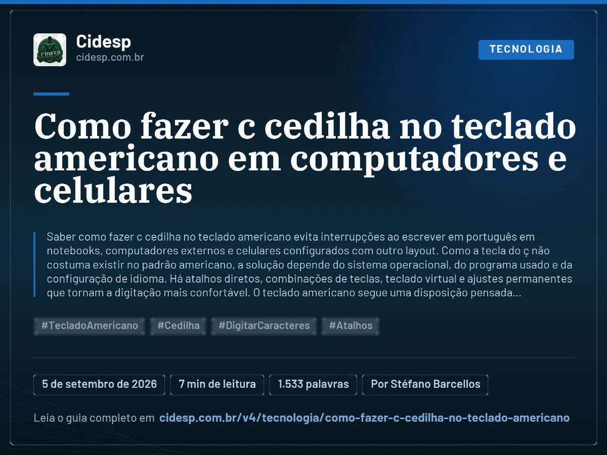 Cartão do artigo “Como fazer c cedilha no teclado americano em computadores e celulares”, com resumo, data de publicação e endereço da página.