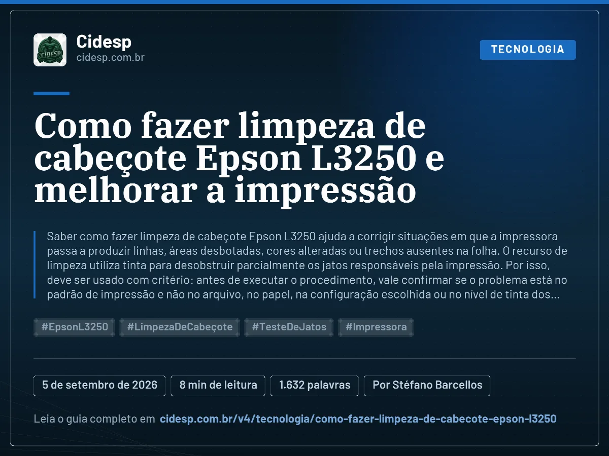 Cartão do artigo “Como fazer limpeza de cabeçote Epson L3250 e melhorar a impressão”, com resumo, data de publicação e endereço da página.
