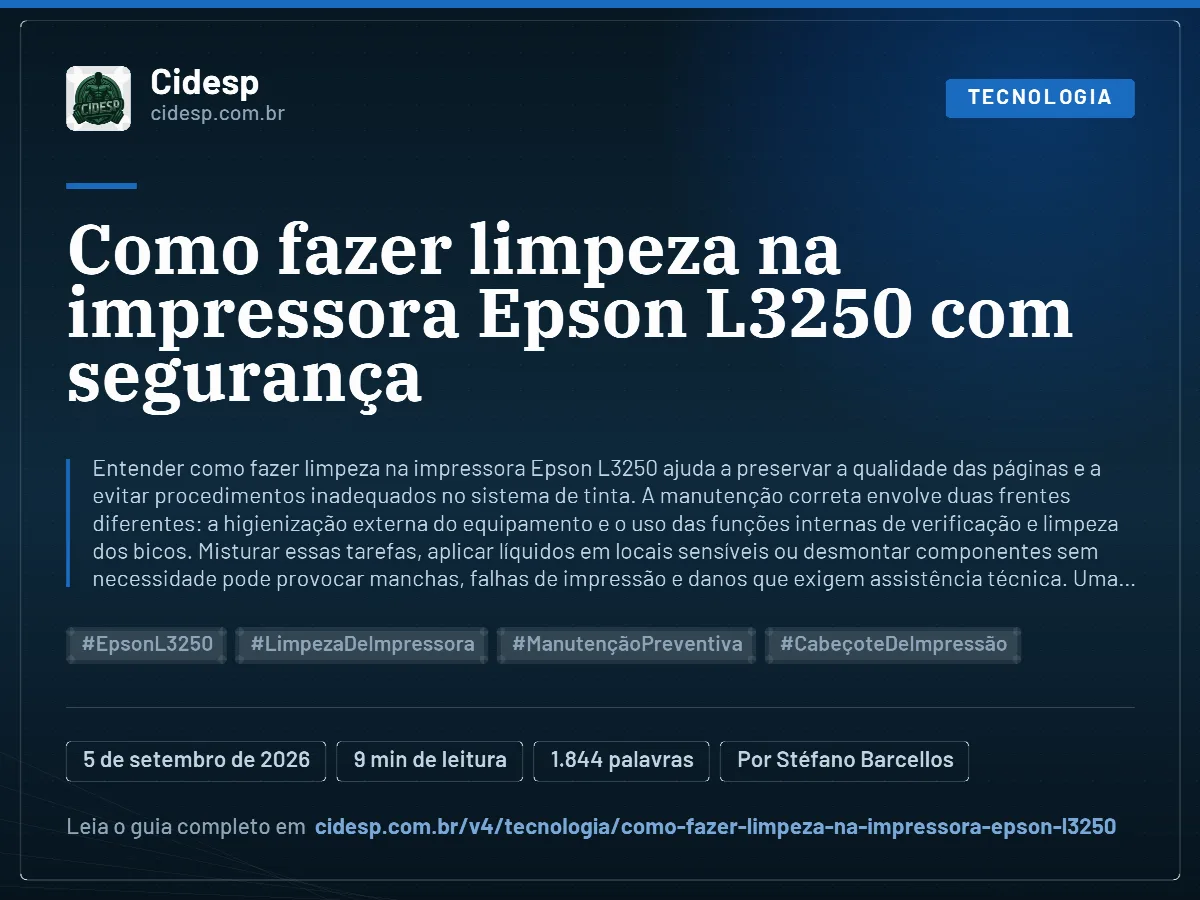 Cartão do artigo “Como fazer limpeza na impressora Epson L3250 com segurança”, com resumo, data de publicação e endereço da página.
