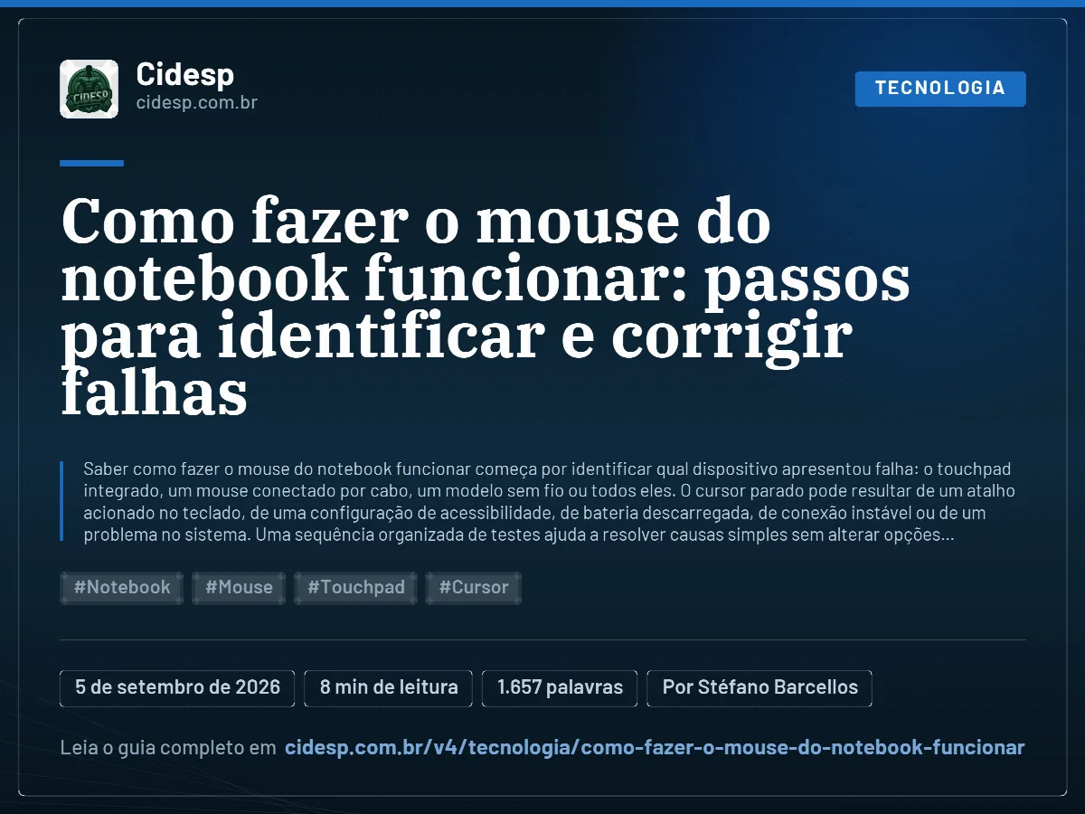 Cartão do artigo “Como fazer o mouse do notebook funcionar: passos para identificar e corrigir falhas”, com resumo, data de publicação e endereço da página.