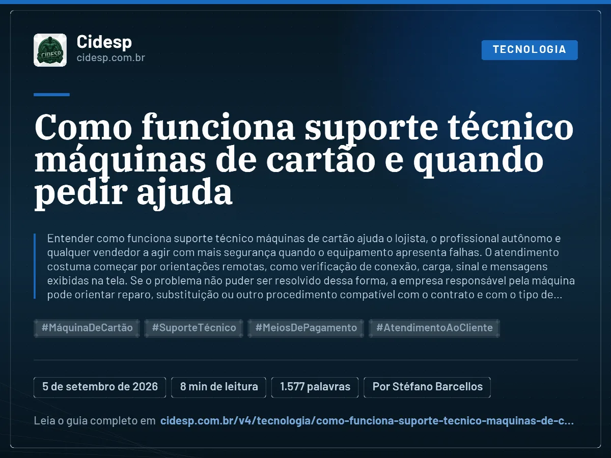 Cartão do artigo “Como funciona suporte técnico máquinas de cartão e quando pedir ajuda”, com resumo, data de publicação e endereço da página.
