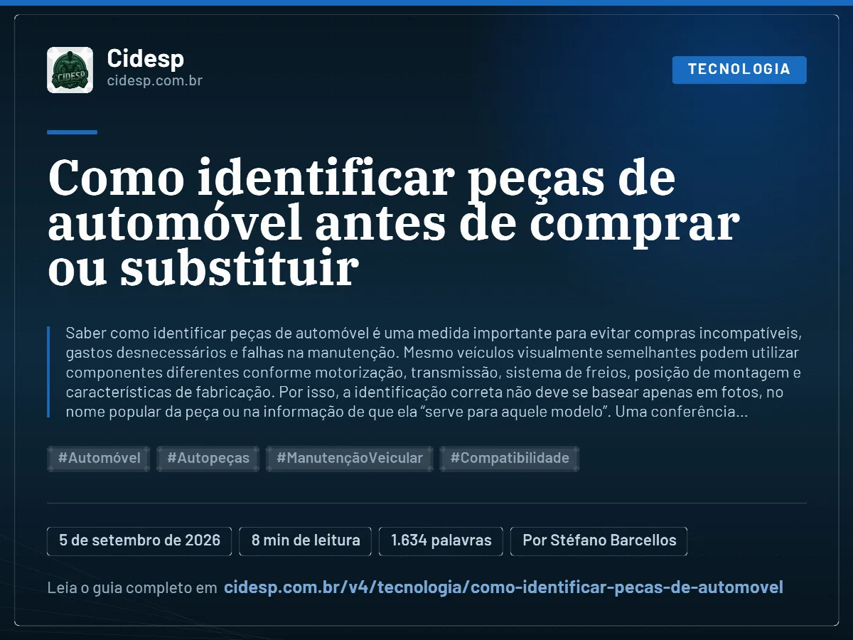Cartão do artigo “Como identificar peças de automóvel antes de comprar ou substituir”, com resumo, data de publicação e endereço da página.