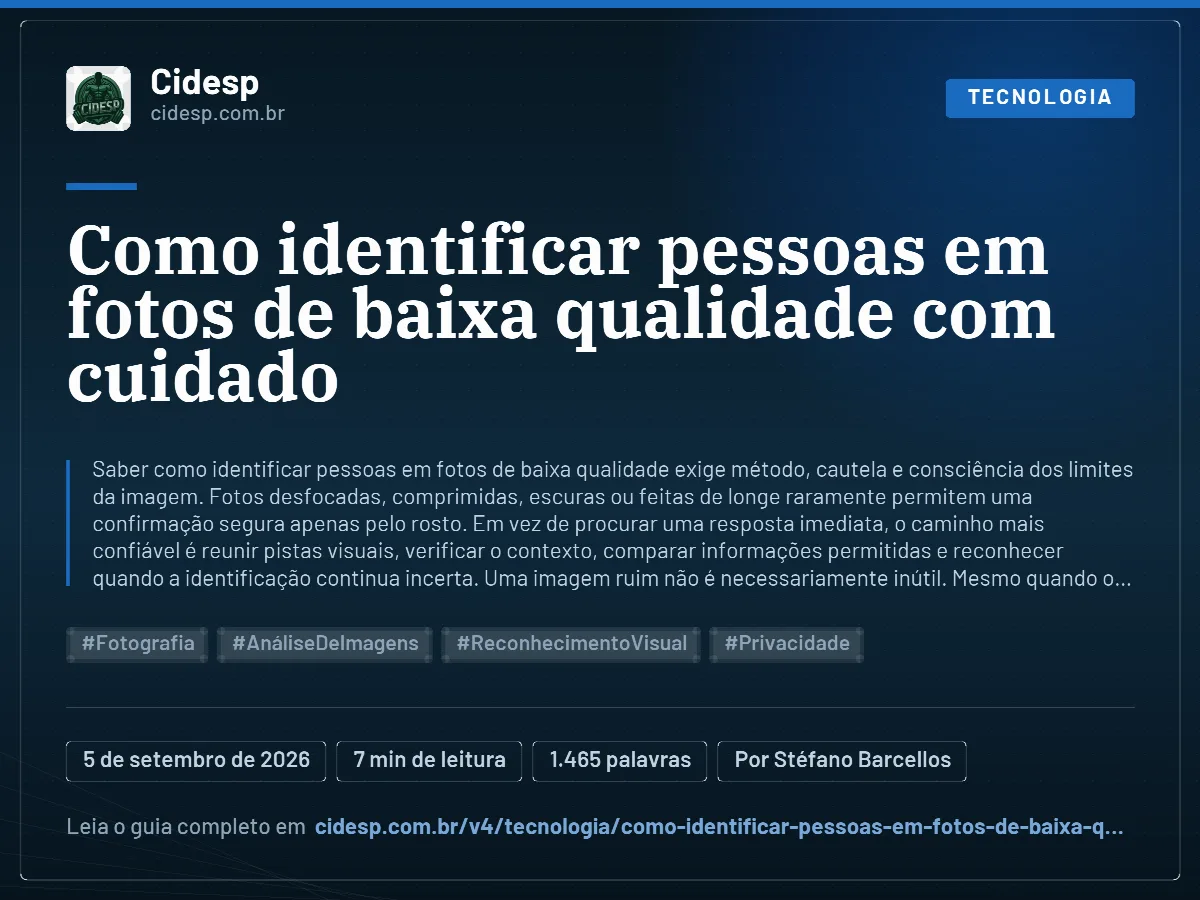 Cartão do artigo “Como identificar pessoas em fotos de baixa qualidade com cuidado”, com resumo, data de publicação e endereço da página.