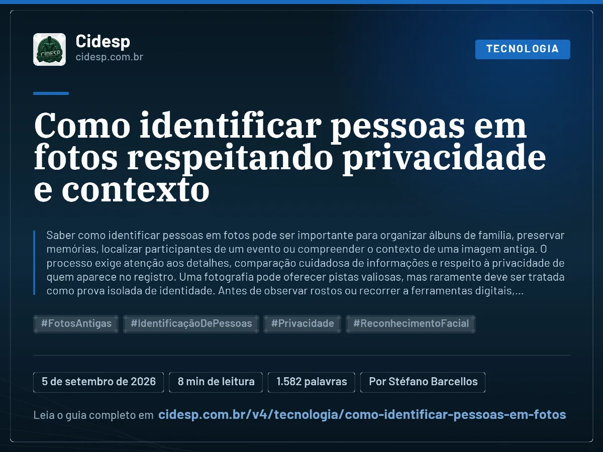Cartão do artigo “Como identificar pessoas em fotos respeitando privacidade e contexto”, com resumo, data de publicação e endereço da página.