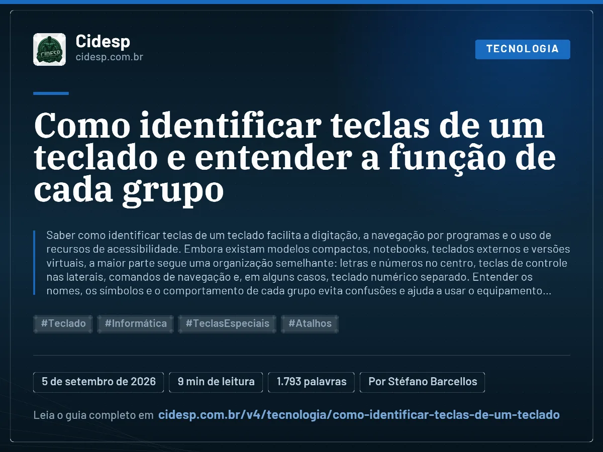 Cartão do artigo “Como identificar teclas de um teclado e entender a função de cada grupo”, com resumo, data de publicação e endereço da página.