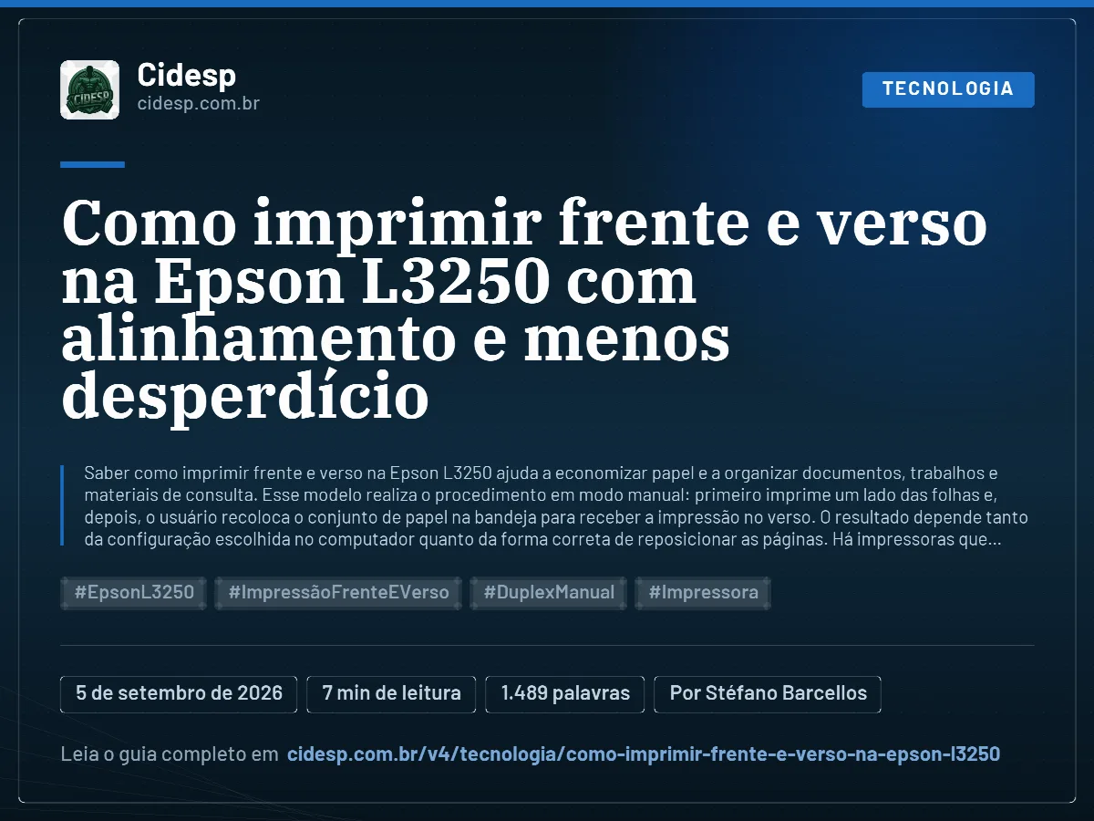 Cartão do artigo “Como imprimir frente e verso na Epson L3250 com alinhamento e menos desperdício”, com resumo, data de publicação e endereço da página.