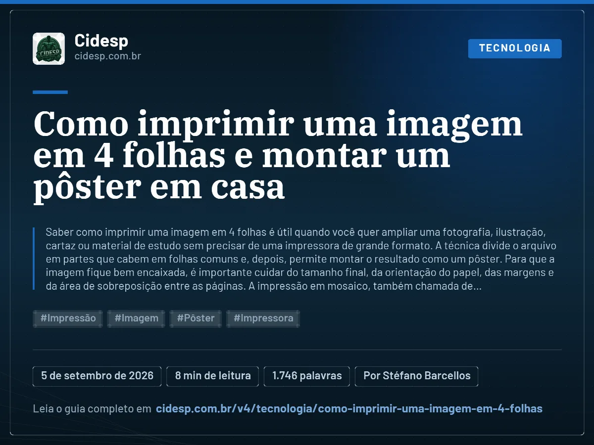 Cartão do artigo “Como imprimir uma imagem em 4 folhas e montar um pôster em casa”, com resumo, data de publicação e endereço da página.