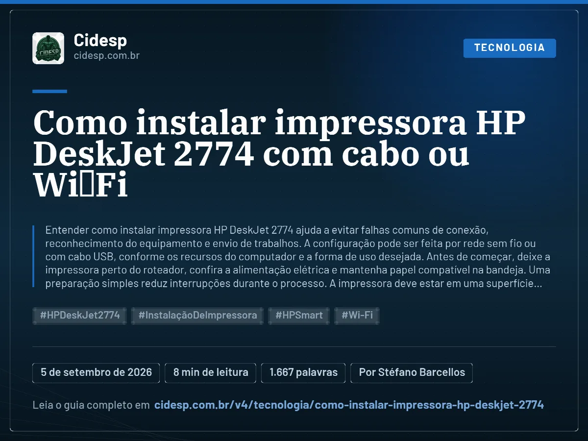 Cartão do artigo “Como instalar impressora HP DeskJet 2774 com cabo ou Wi‑Fi”, com resumo, data de publicação e endereço da página.