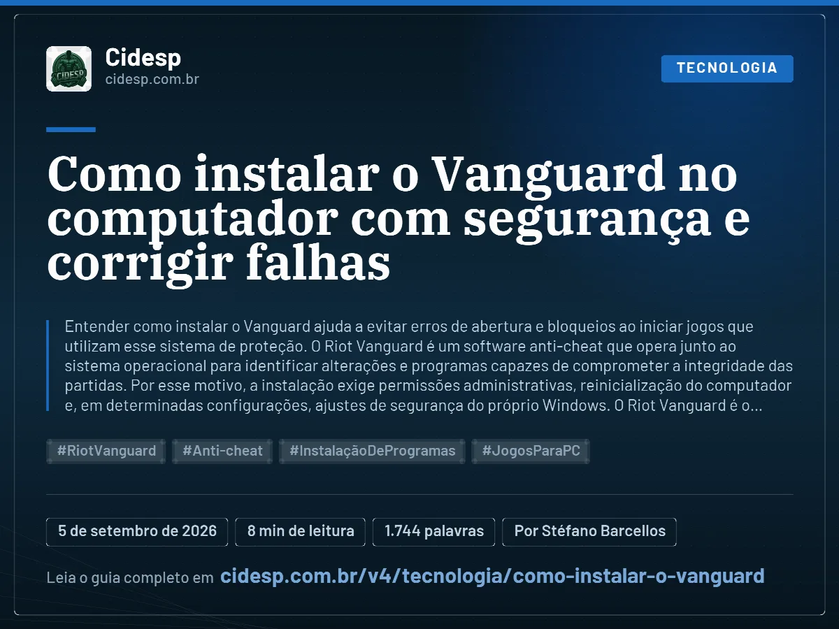 Cartão do artigo “Como instalar o Vanguard no computador com segurança e corrigir falhas”, com resumo, data de publicação e endereço da página.