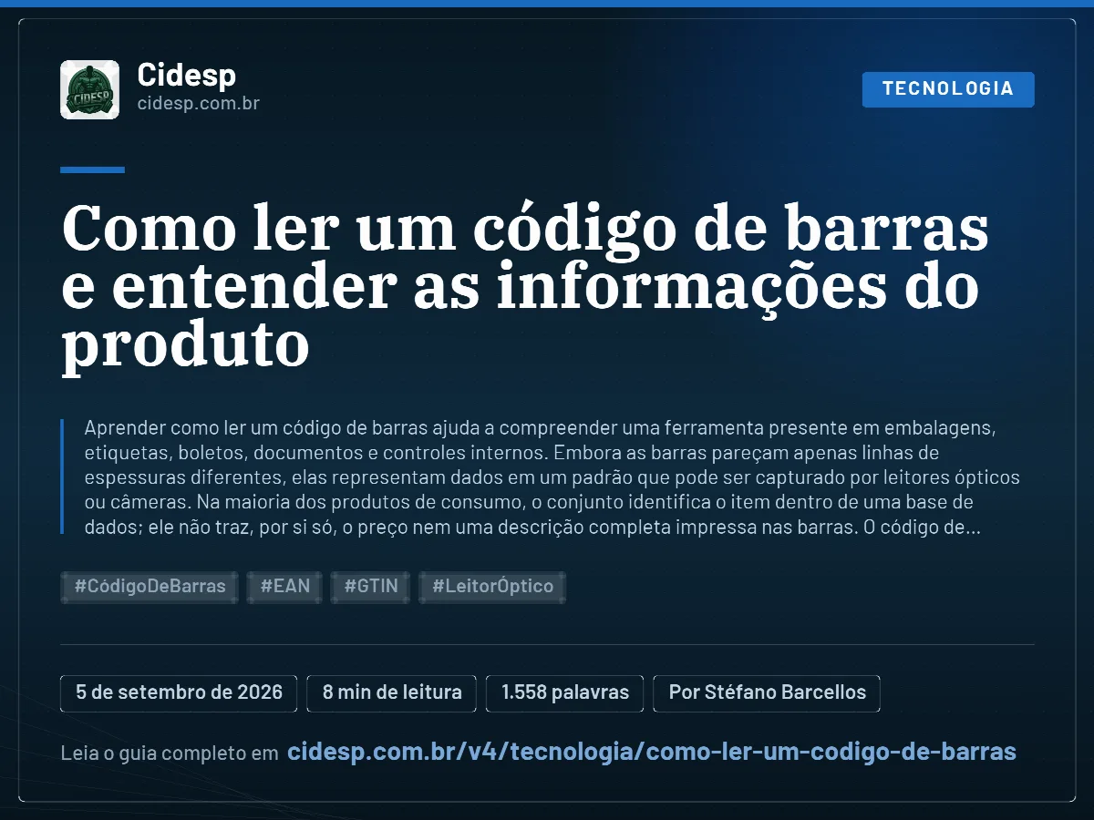 Cartão do artigo “Como ler um código de barras e entender as informações do produto”, com resumo, data de publicação e endereço da página.