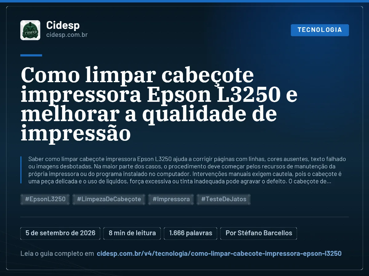 Cartão do artigo “Como limpar cabeçote impressora Epson L3250 e melhorar a qualidade de impressão”, com resumo, data de publicação e endereço da página.