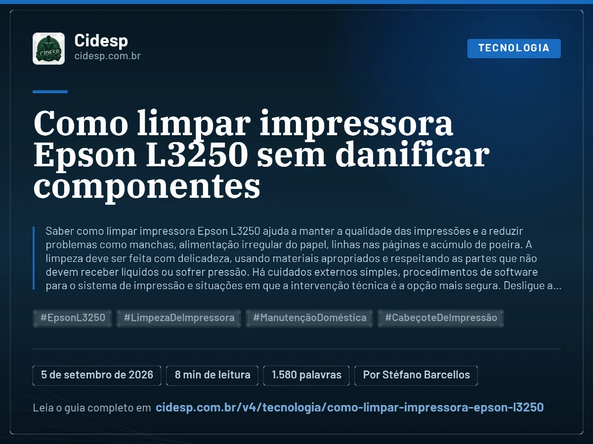 Cartão do artigo “Como limpar impressora Epson L3250 sem danificar componentes”, com resumo, data de publicação e endereço da página.