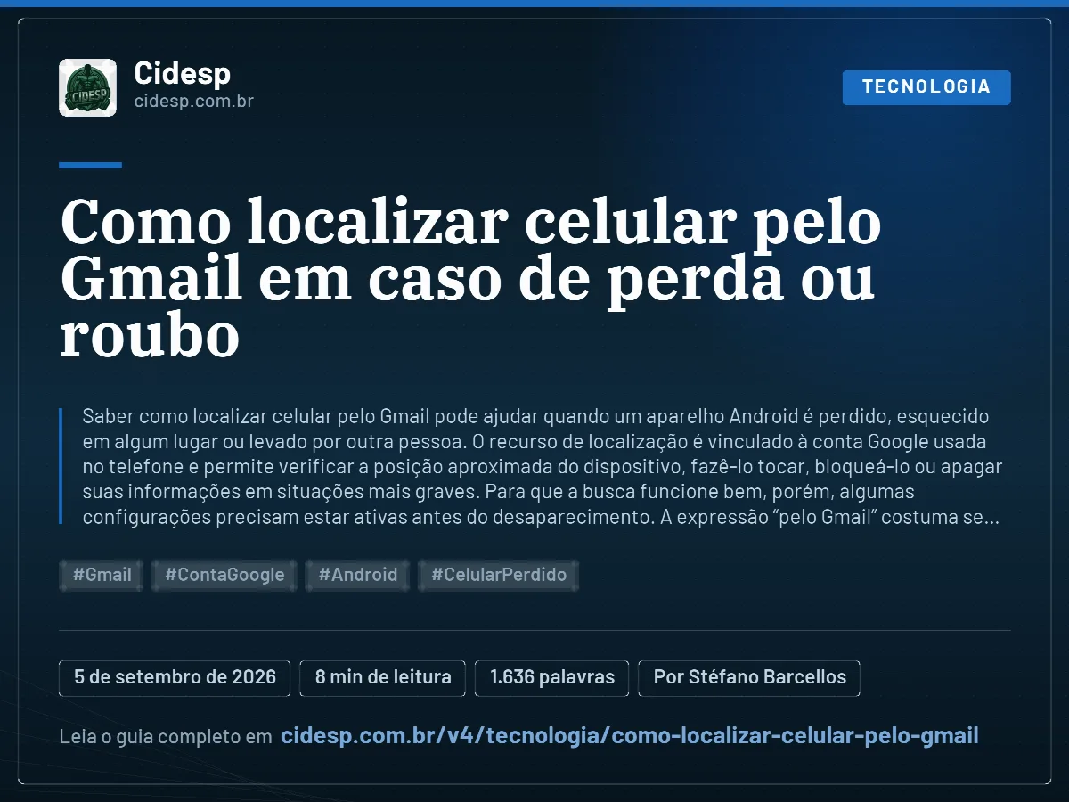 Cartão do artigo “Como localizar celular pelo Gmail em caso de perda ou roubo”, com resumo, data de publicação e endereço da página.