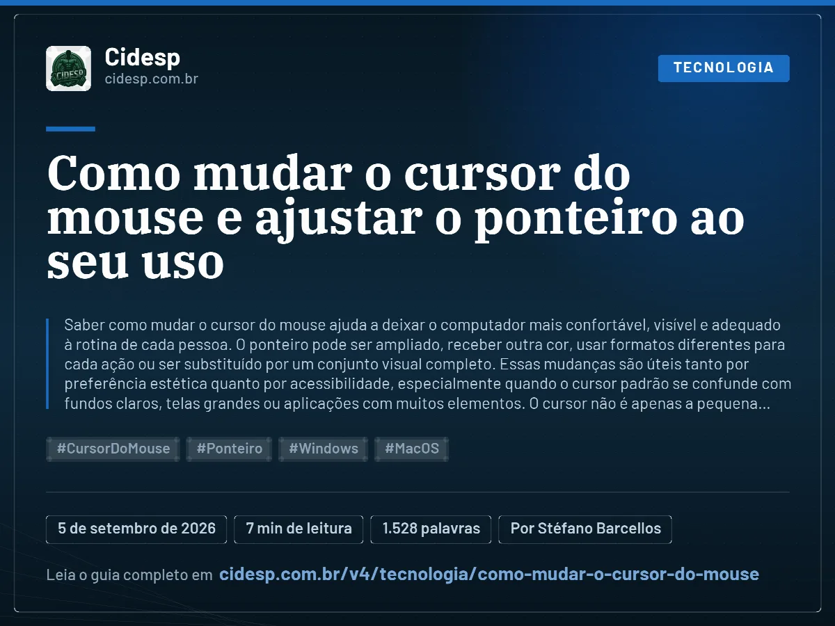 Cartão do artigo “Como mudar o cursor do mouse e ajustar o ponteiro ao seu uso”, com resumo, data de publicação e endereço da página.