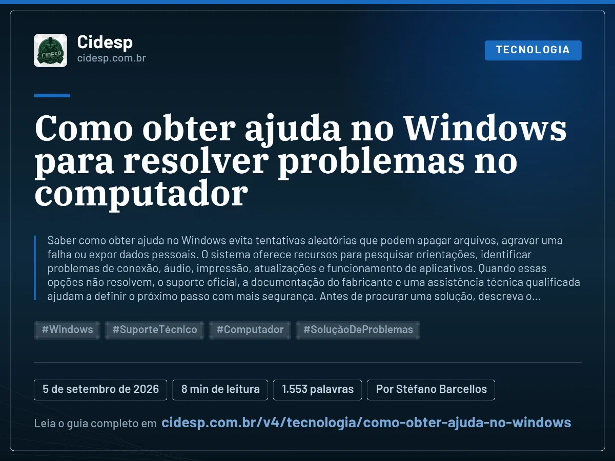 Cartão do artigo “Como obter ajuda no Windows para resolver problemas no computador”, com resumo, data de publicação e endereço da página.