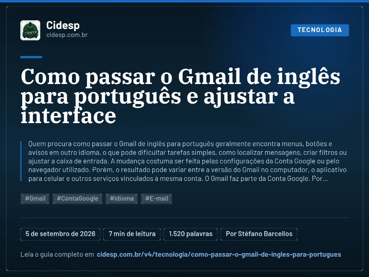 Cartão do artigo “Como passar o Gmail de inglês para português e ajustar a interface”, com resumo, data de publicação e endereço da página.
