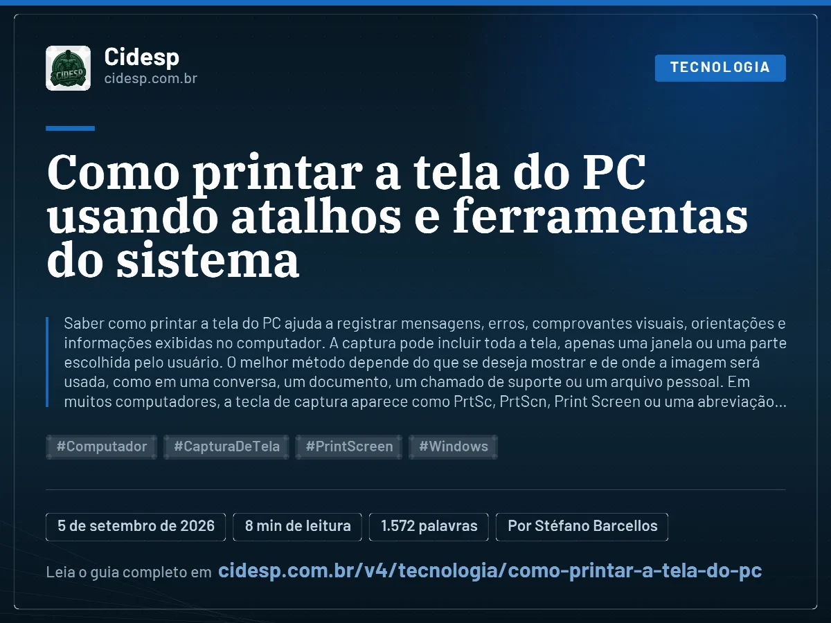 Cartão do artigo “Como printar a tela do PC usando atalhos e ferramentas do sistema”, com resumo, data de publicação e endereço da página.