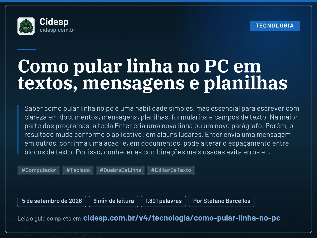 Cartão do artigo “Como pular linha no PC em textos, mensagens e planilhas”, com resumo, data de publicação e endereço da página.