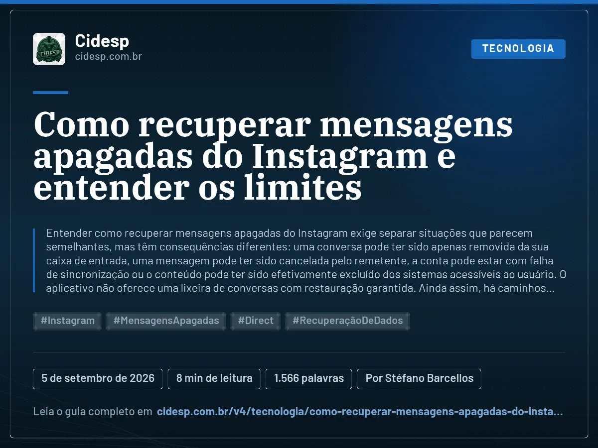 Cartão do artigo “Como recuperar mensagens apagadas do Instagram e entender os limites”, com resumo, data de publicação e endereço da página.