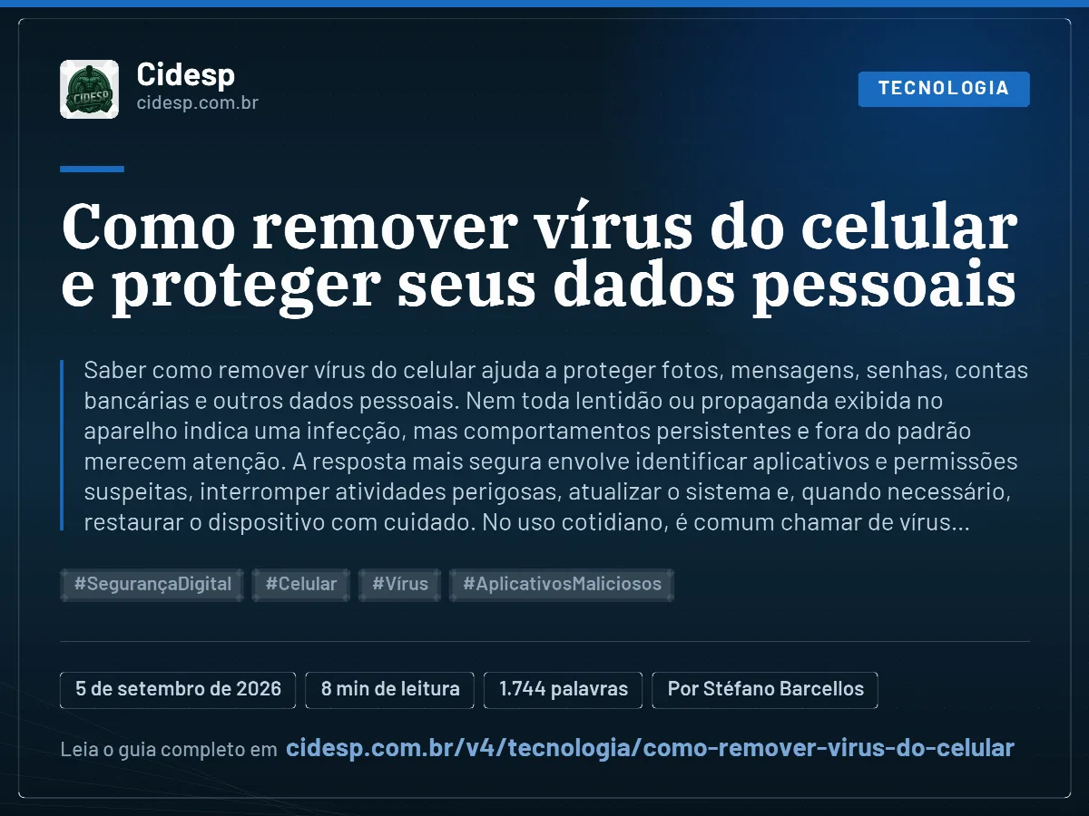 Cartão do artigo “Como remover vírus do celular e proteger seus dados pessoais”, com resumo, data de publicação e endereço da página.