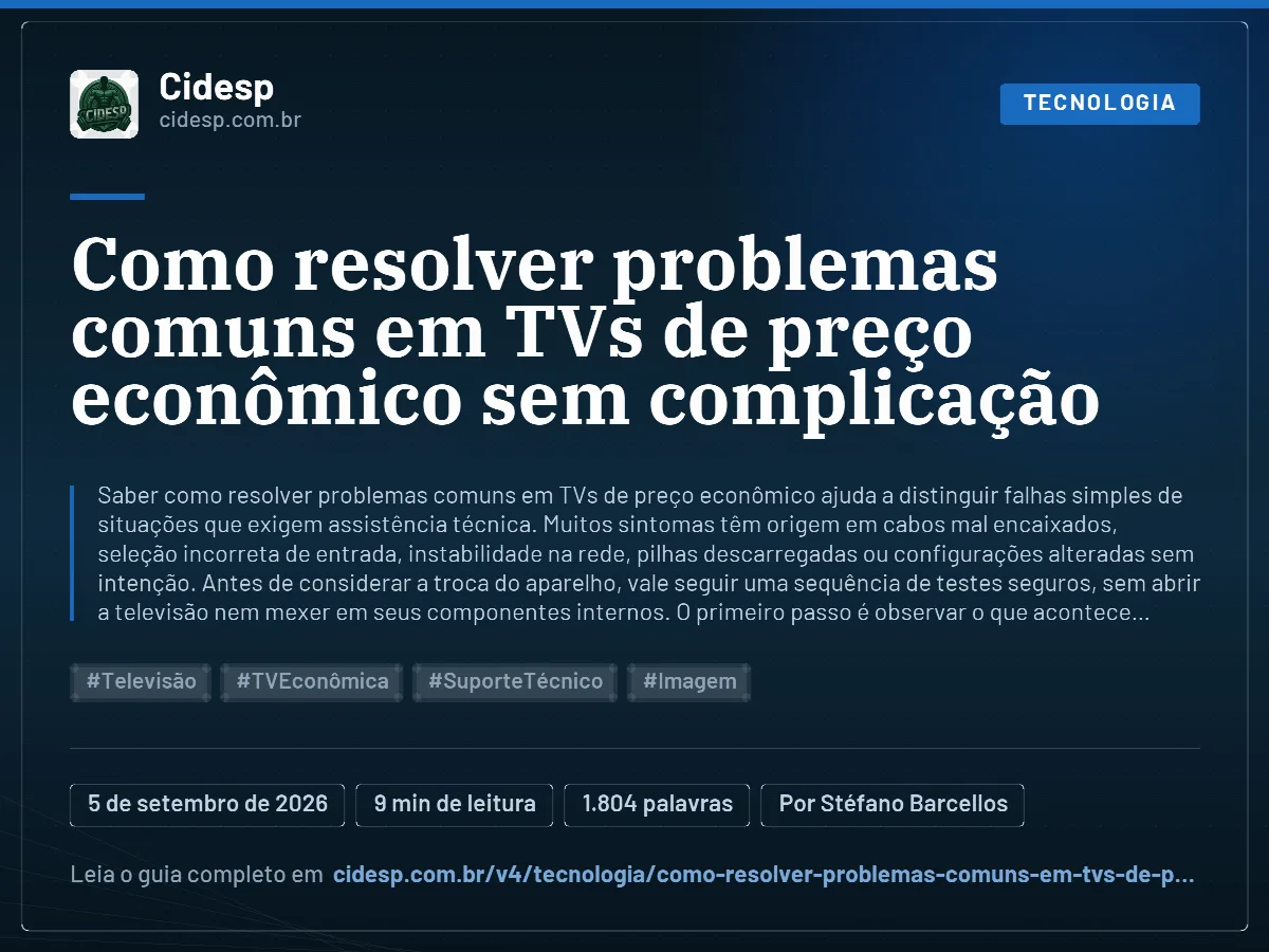 Cartão do artigo “Como resolver problemas comuns em TVs de preço econômico sem complicação”, com resumo, data de publicação e endereço da página.