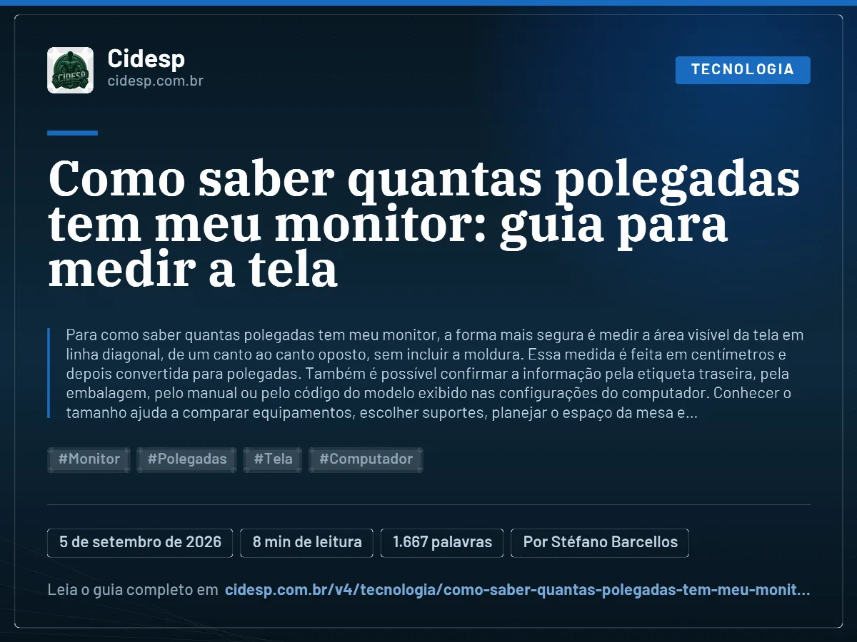 Cartão do artigo “Como saber quantas polegadas tem meu monitor: guia para medir a tela”, com resumo, data de publicação e endereço da página.