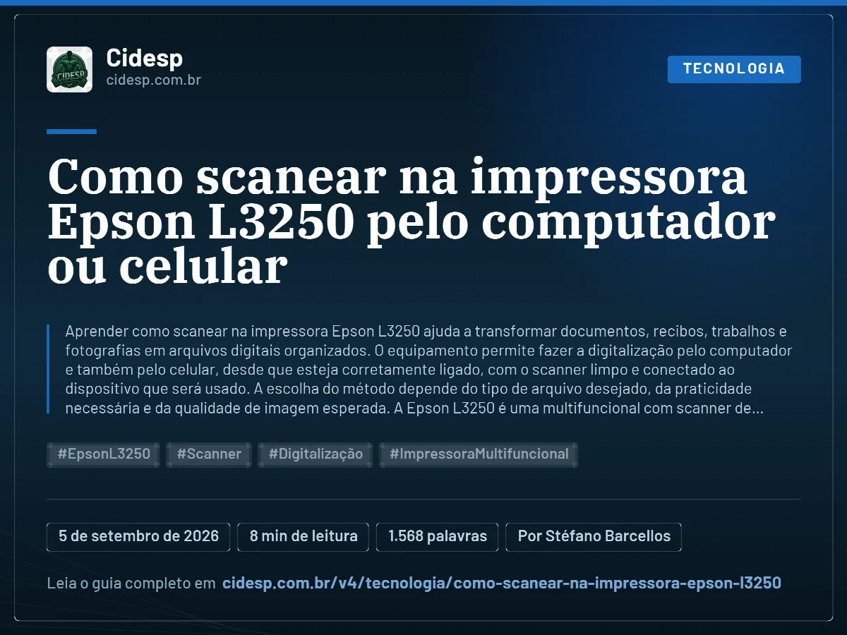Cartão do artigo “Como scanear na impressora Epson L3250 pelo computador ou celular”, com resumo, data de publicação e endereço da página.