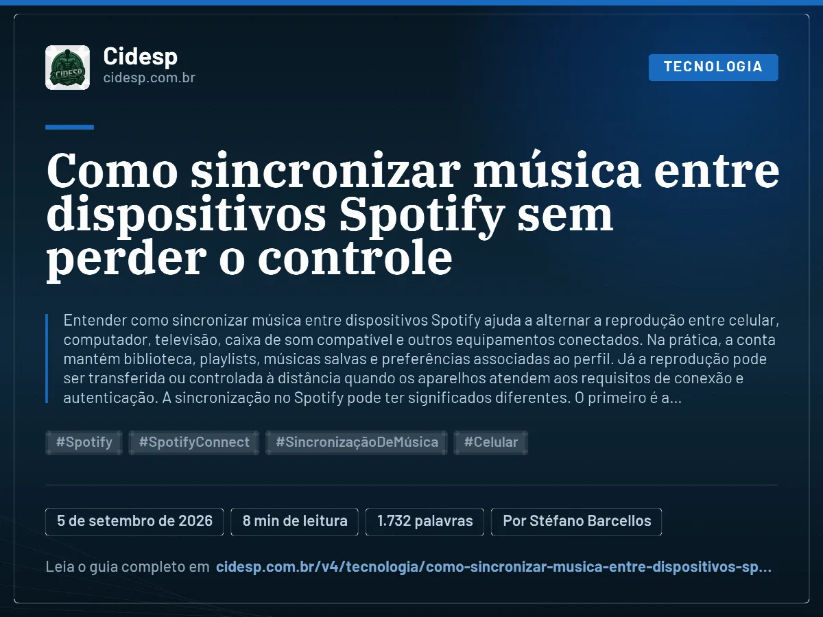 Cartão do artigo “Como sincronizar música entre dispositivos Spotify sem perder o controle”, com resumo, data de publicação e endereço da página.
