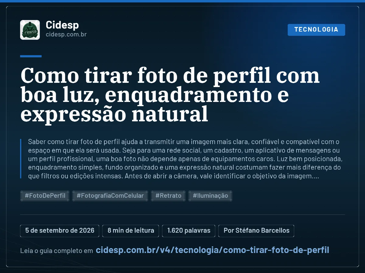 Cartão do artigo “Como tirar foto de perfil com boa luz, enquadramento e expressão natural”, com resumo, data de publicação e endereço da página.