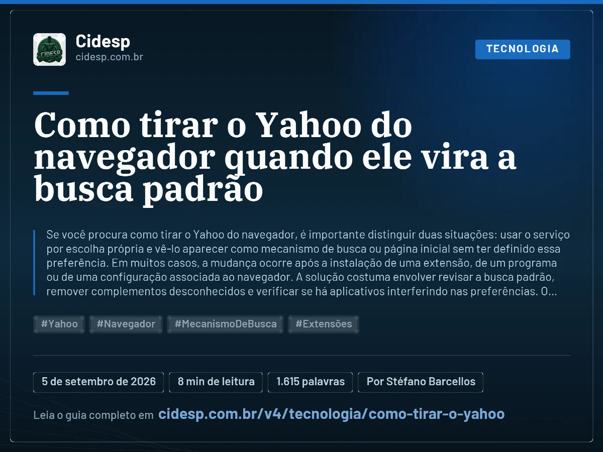 Cartão do artigo “Como tirar o Yahoo do navegador quando ele vira a busca padrão”, com resumo, data de publicação e endereço da página.