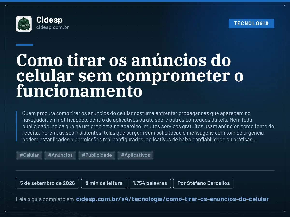 Cartão do artigo “Como tirar os anúncios do celular sem comprometer o funcionamento”, com resumo, data de publicação e endereço da página.