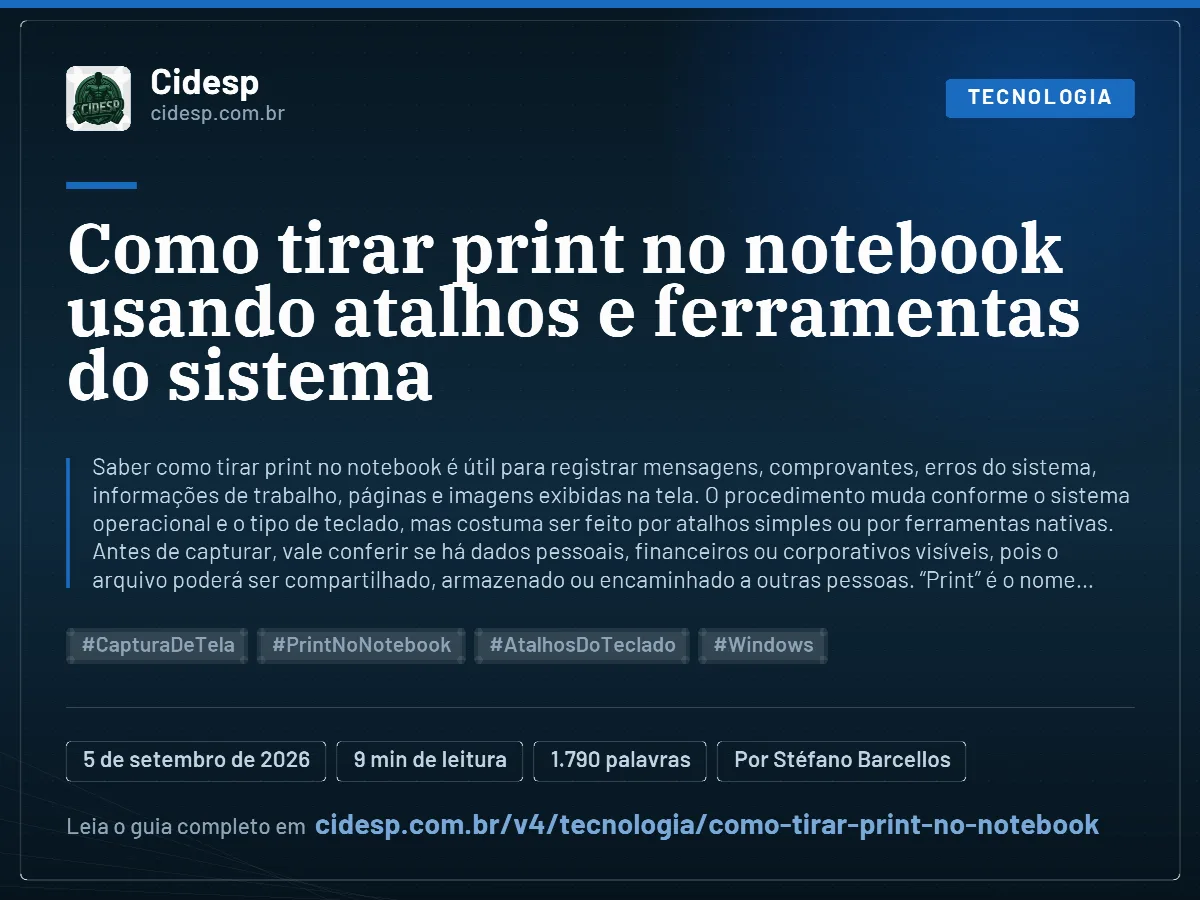 Cartão do artigo “Como tirar print no notebook usando atalhos e ferramentas do sistema”, com resumo, data de publicação e endereço da página.