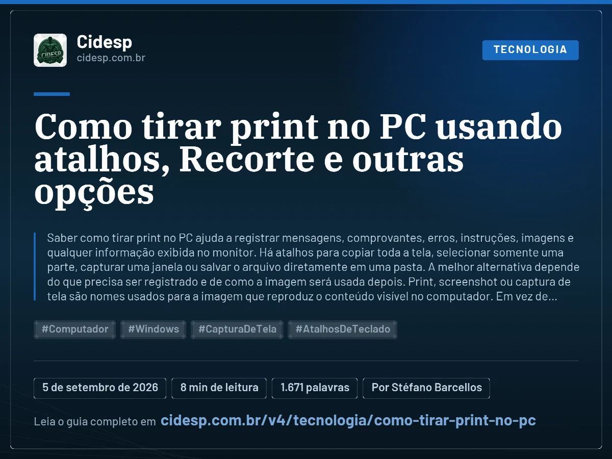 Cartão do artigo “Como tirar print no PC usando atalhos, Recorte e outras opções”, com resumo, data de publicação e endereço da página.