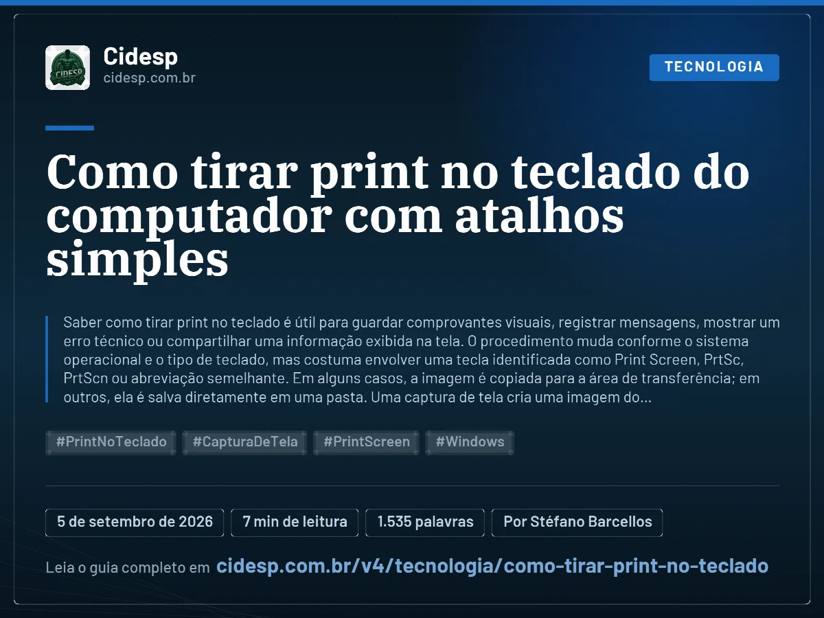 Cartão do artigo “Como tirar print no teclado do computador com atalhos simples”, com resumo, data de publicação e endereço da página.
