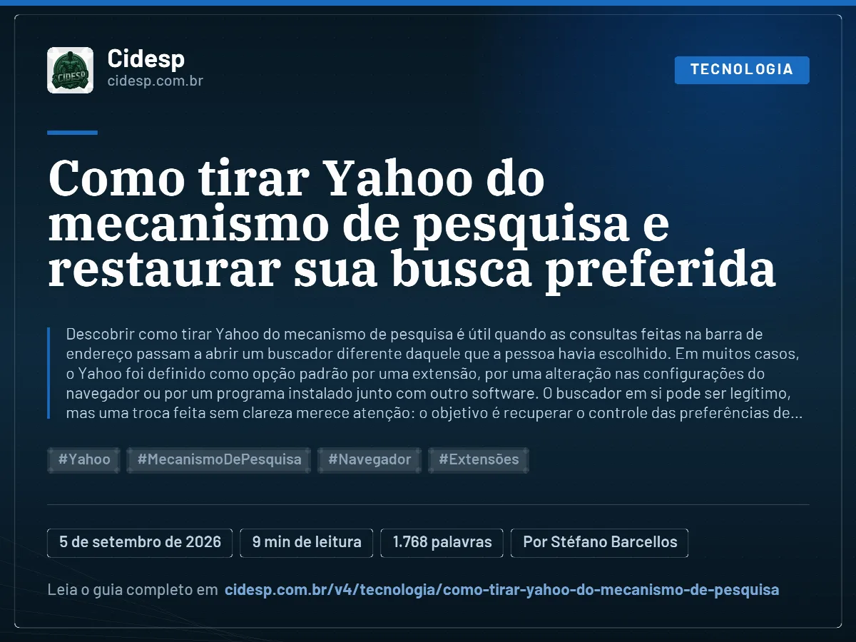 Cartão do artigo “Como tirar Yahoo do mecanismo de pesquisa e restaurar sua busca preferida”, com resumo, data de publicação e endereço da página.
