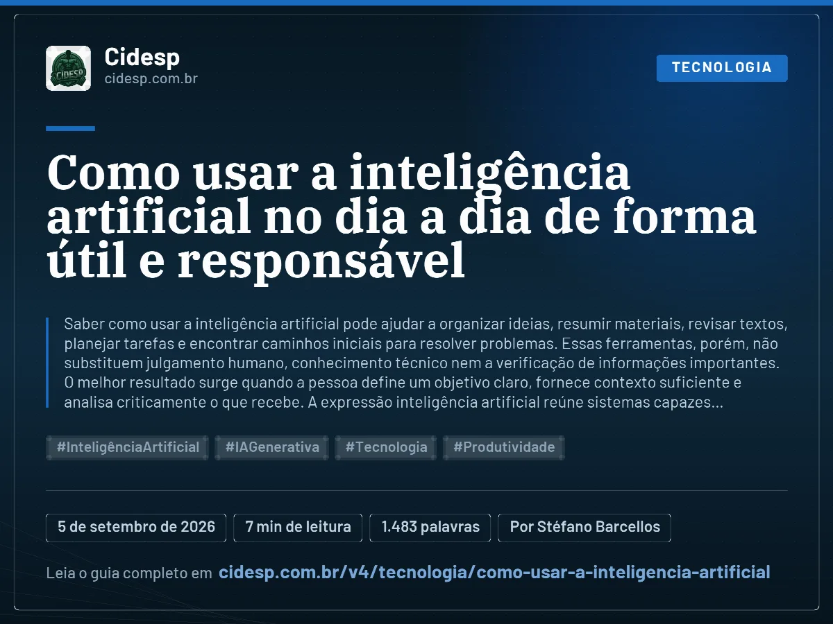 Cartão do artigo “Como usar a inteligência artificial no dia a dia de forma útil e responsável”, com resumo, data de publicação e endereço da página.