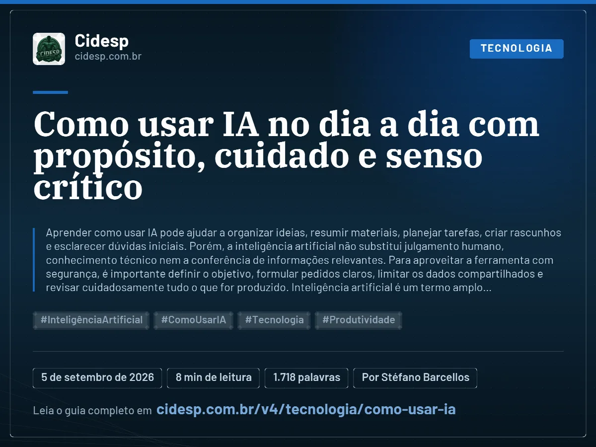 Cartão do artigo “Como usar IA no dia a dia com propósito, cuidado e senso crítico”, com resumo, data de publicação e endereço da página.