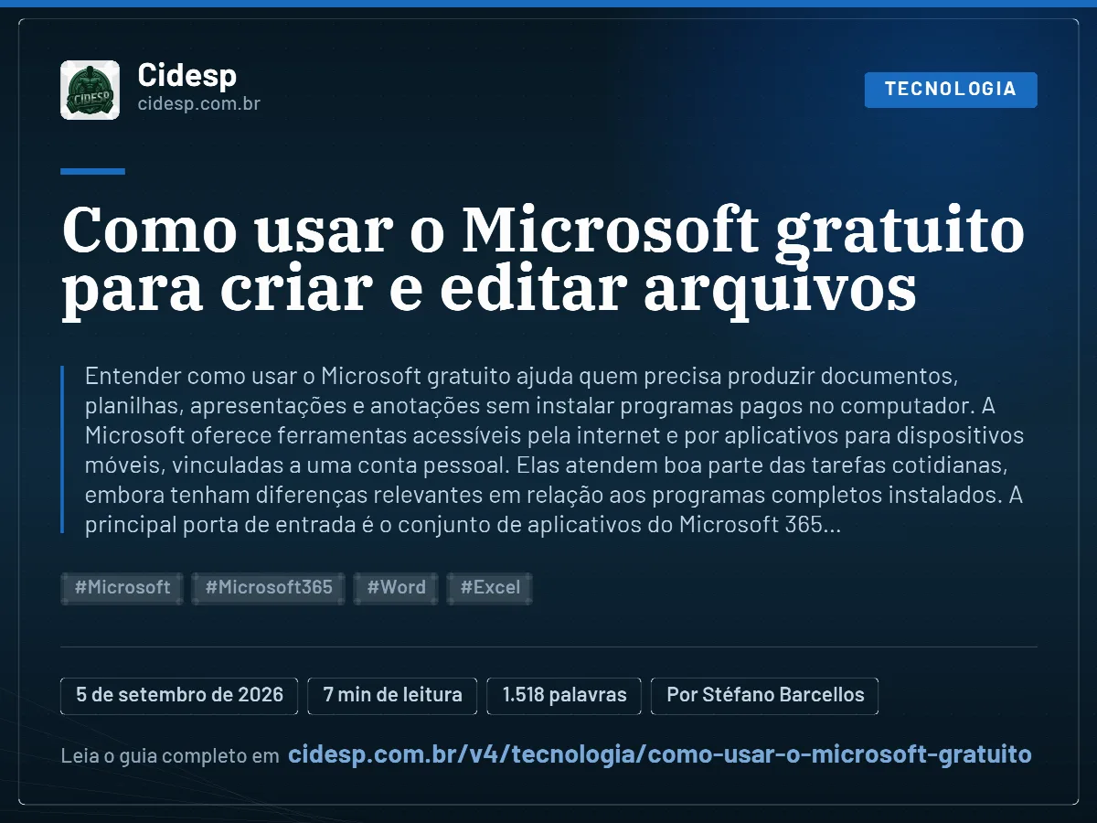 Cartão do artigo “Como usar o Microsoft gratuito para criar e editar arquivos”, com resumo, data de publicação e endereço da página.